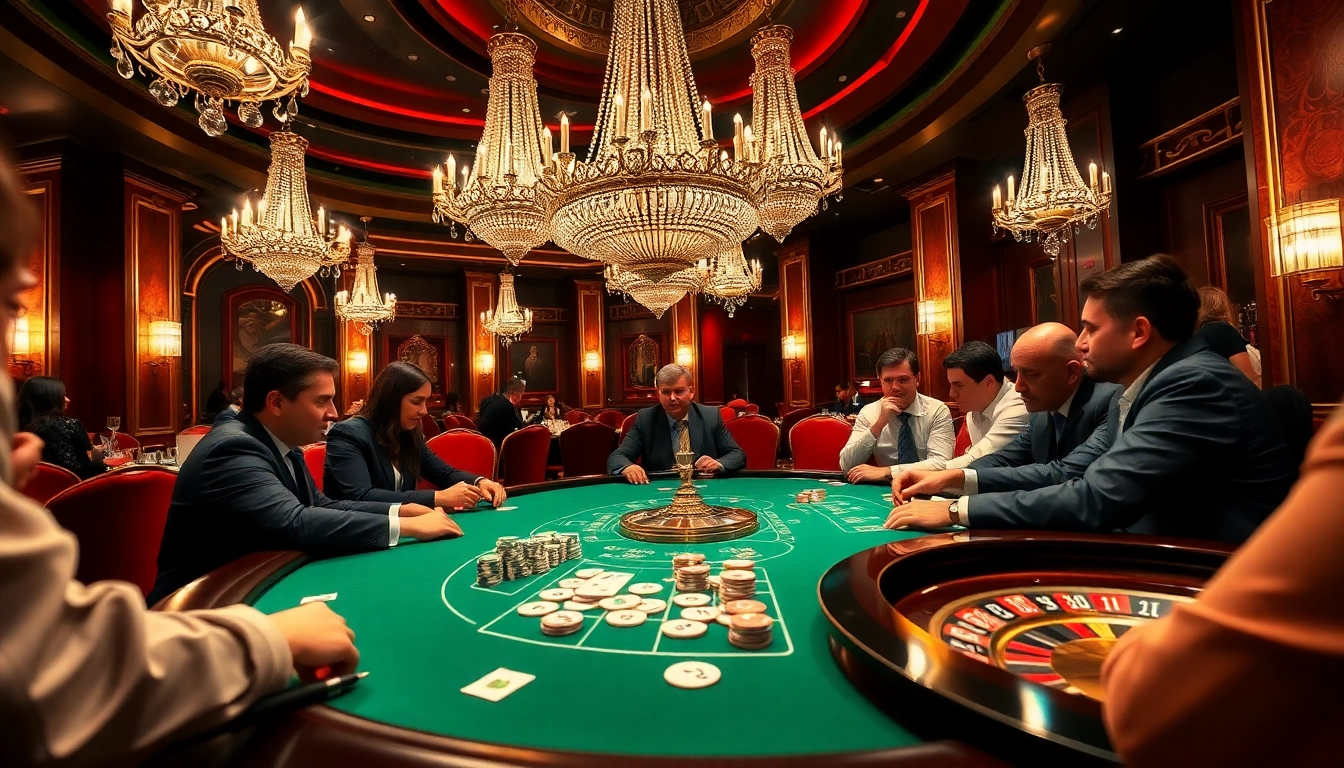 Engaging players at a high-stakes poker table in ok365's luxurious casino setting.