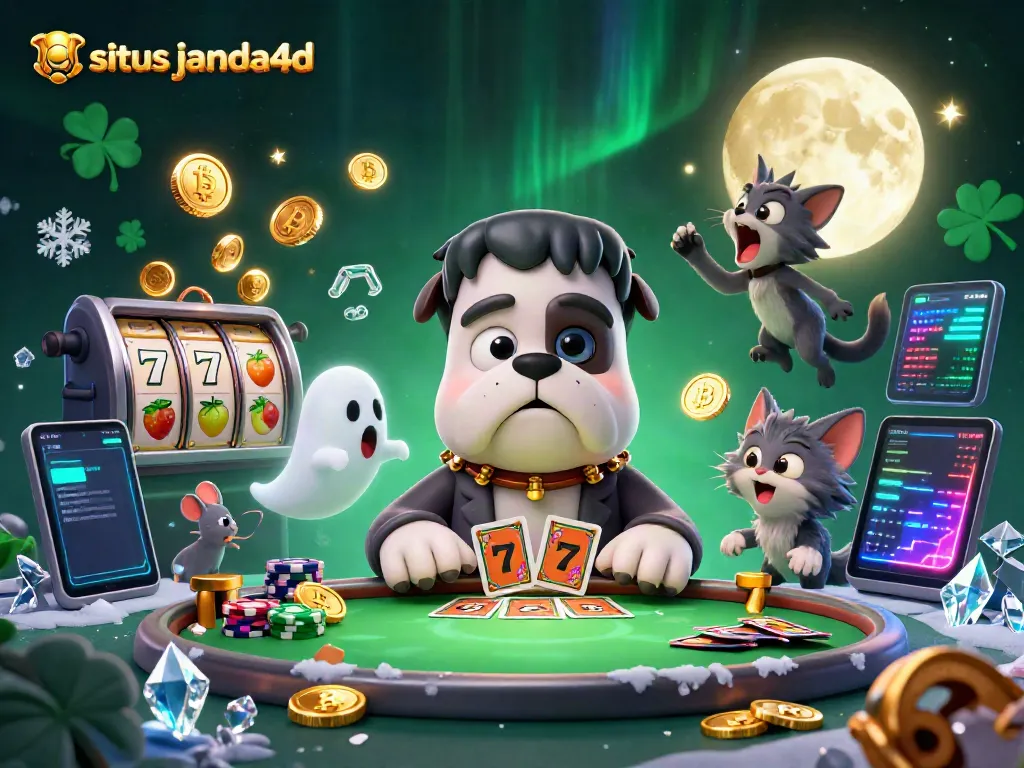 Gambarkan situs janda4d dengan monster bulldog yang menangani kartu di kasino, dilengkapi simbol slot dan koin kripto.