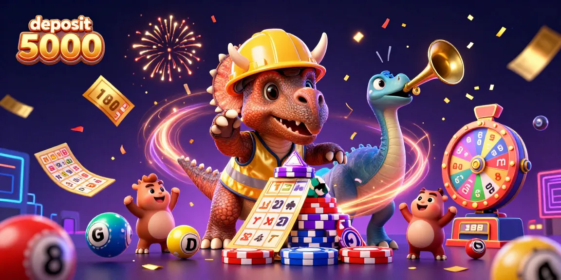 Experience the excitement of deposit 5000 with cheerful dinosaurs celebrating in a casino scene.