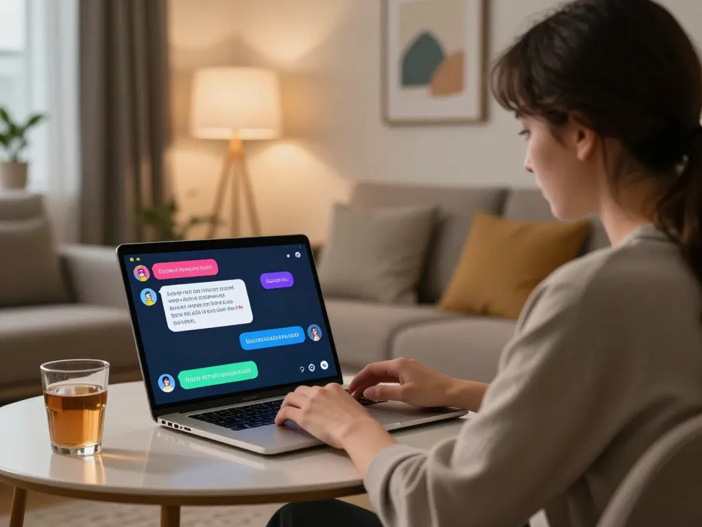 Engaging scene of ai sex chat interaction on a modern laptop in a cozy living room.