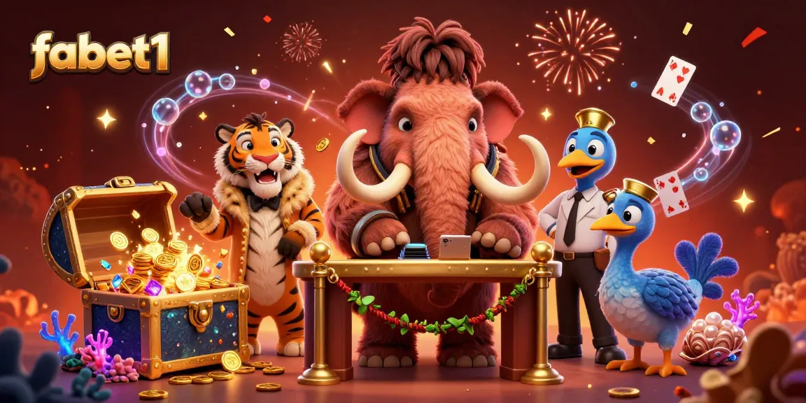 Join fabet1's vibrant casino scene with unique characters enjoying a gambling adventure.