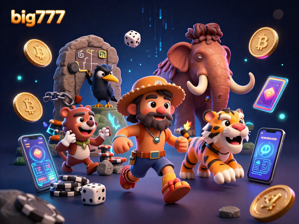 Experience big777 with a vibrant 3D illustration of a prehistoric casino scene featuring crypto elements.