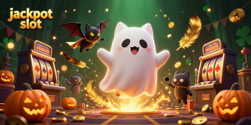 Spin jackpots and win big with our vibrant jackpot slot illustration featuring a fun ghost cat and vampire bat.