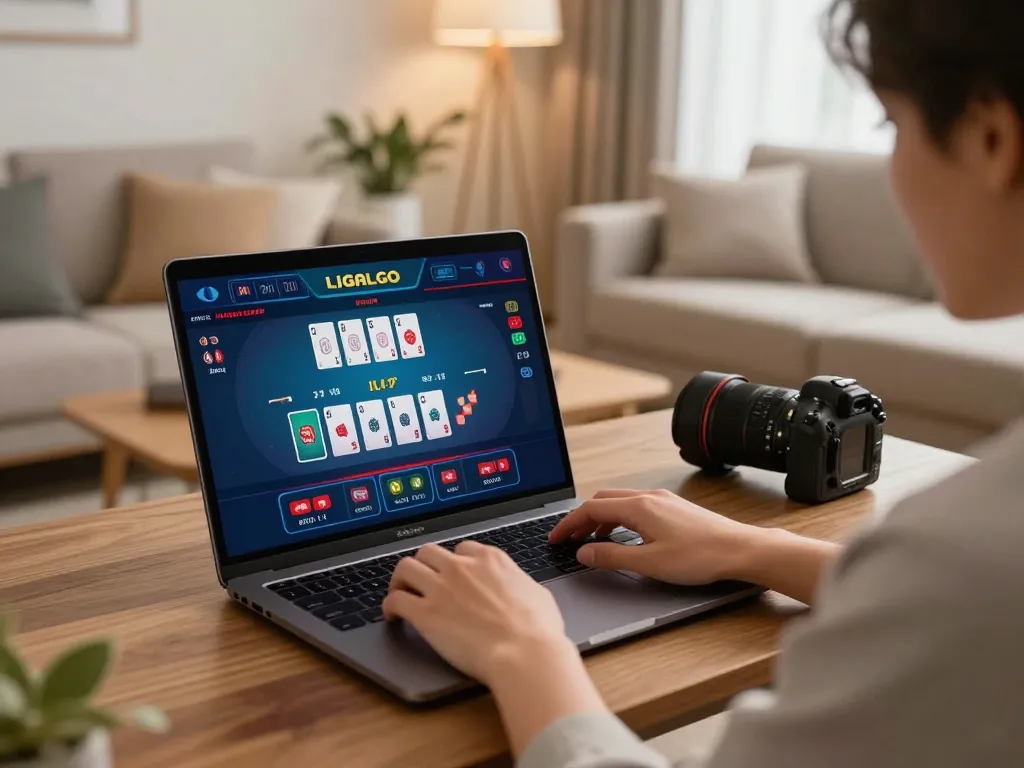Engage in LIGALGO online gaming strategy from a cozy home setup with laptop showing an exciting blackjack game