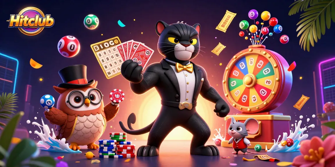 Engage with Hitclub's vibrant gaming scene featuring a stylish panther dealer and colorful casino elements.