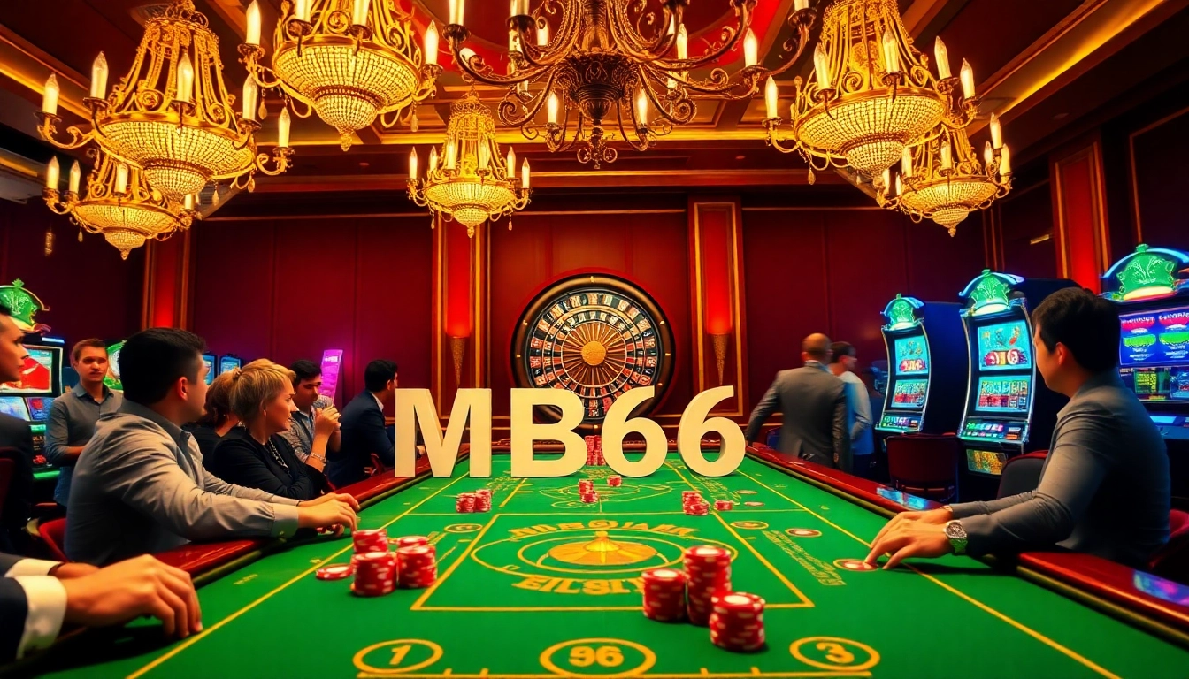 Players enjoying a vibrant MB66 casino atmosphere with lively gaming tables and colorful chips.