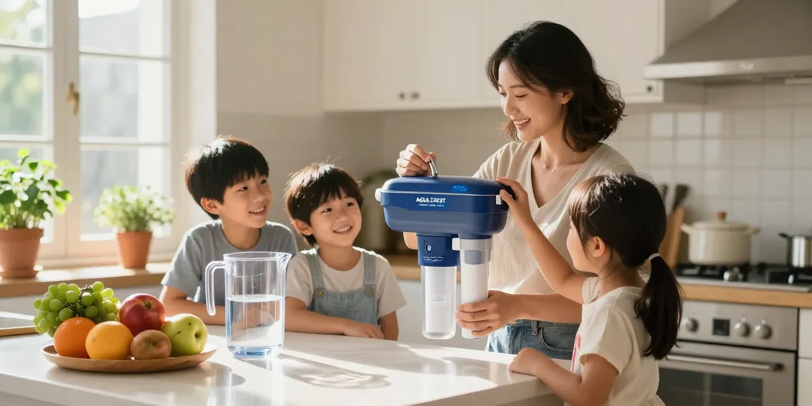 AQUA CREST GXRLQR NSF/ANSI 401 Certified water filter being installed in a modern kitchen, promoting health and safety.
