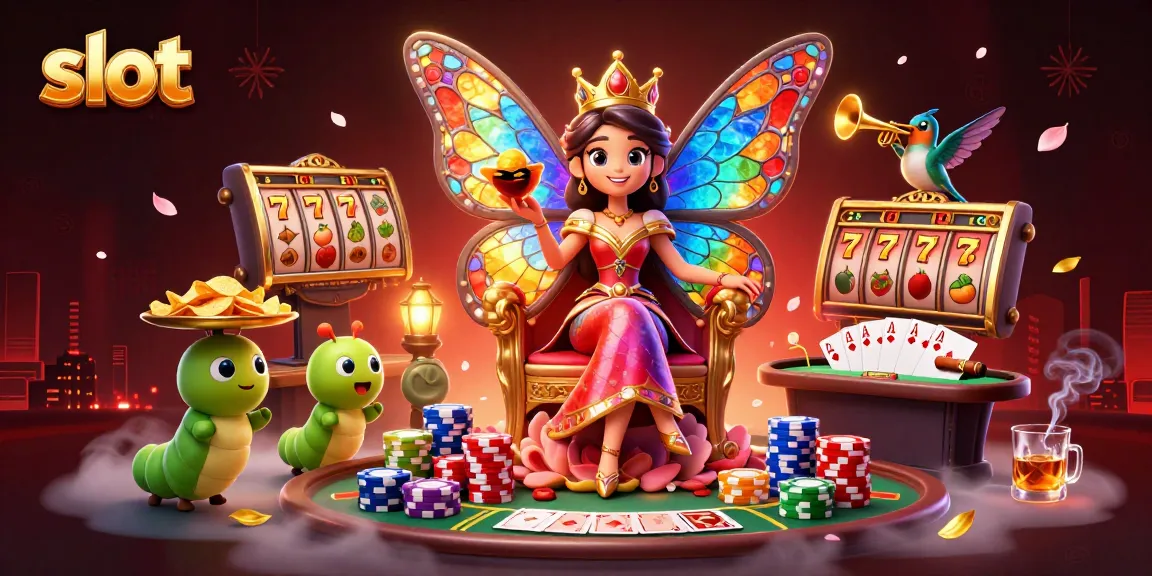 Menggenggam slot dengan tema berwarna-warni, ratu kupu-kupu dan pelayan dengan keripik emas dalam ilustrasi kasino.