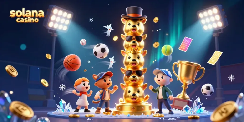 Engage in the exciting world of solana casino with a vibrant 3D illustration of animated characters and dynamic game elements.