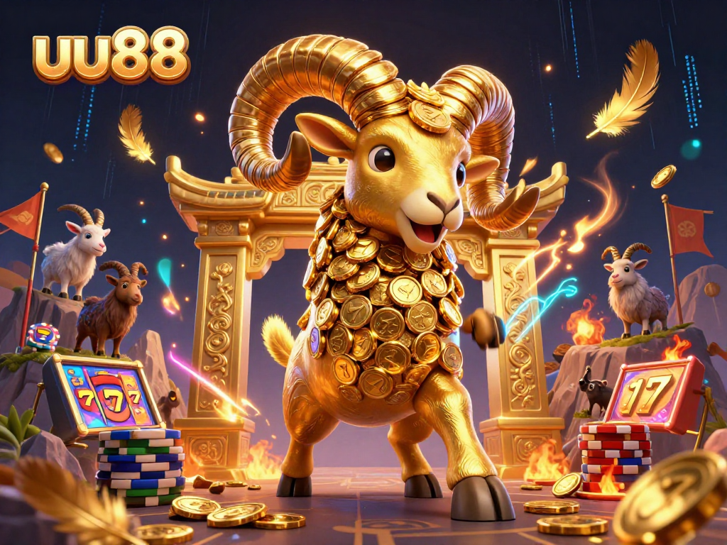 Experience the thrill of betting at uu88, featuring a vibrant golden ram amidst casino action.