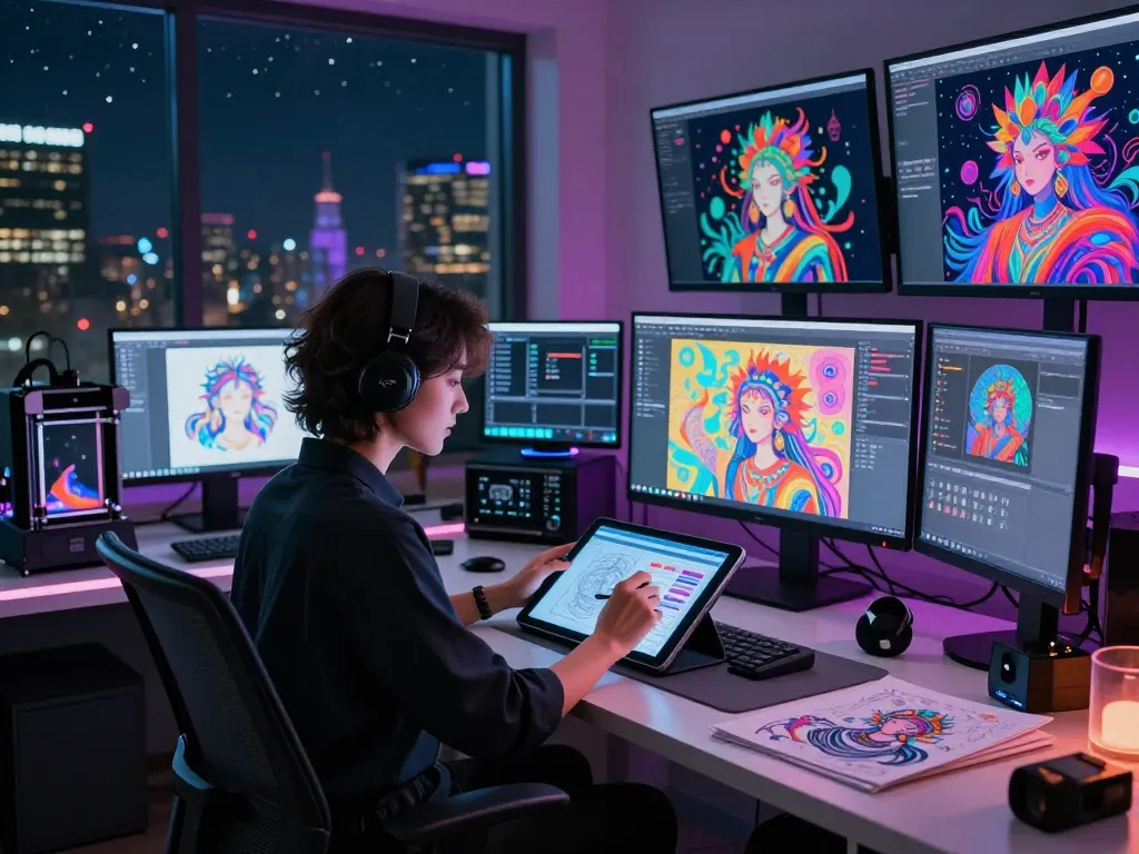 Creating innovative ai nsfw artwork in a high-tech digital studio setting with vibrant illustrations and advanced tools.