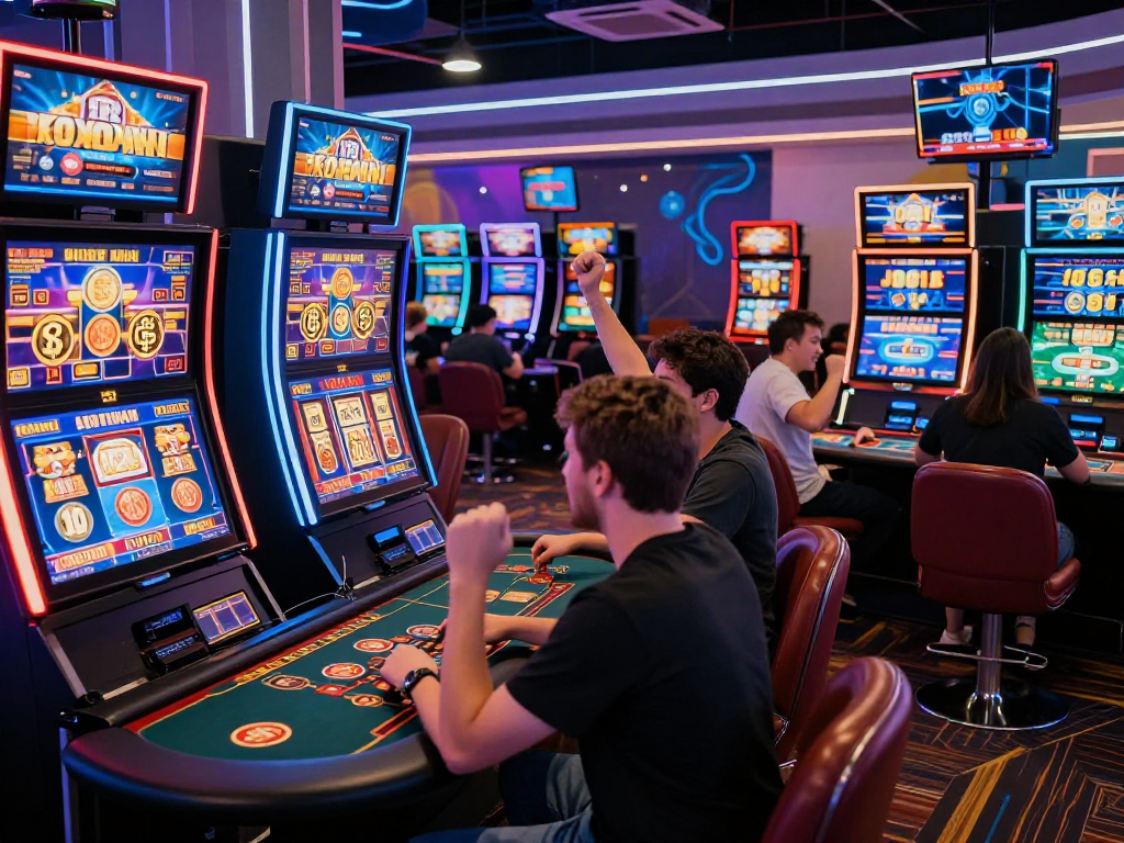 Exciting crypto casino scene with diverse players celebrating wins in a vibrant digital gambling environment.