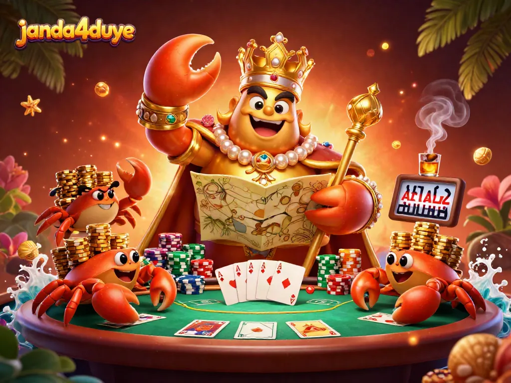 Janda4duye menghadirkan ilustrasi kasino dengan kepiting emas raksasa dan elemen permainan yang memikat.
