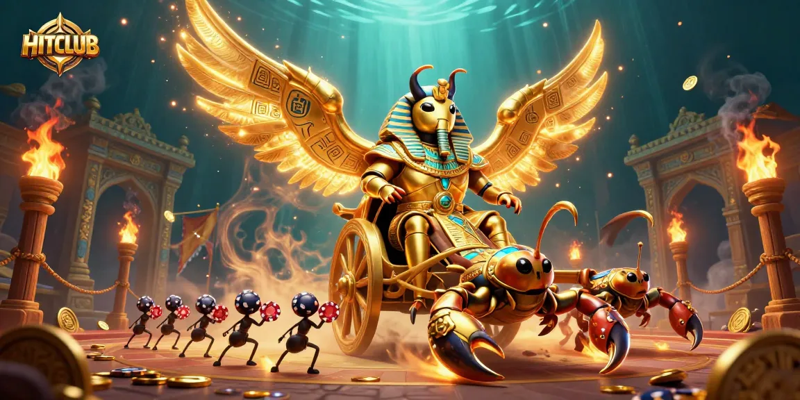 Engage with HITCLUB in vibrant casino action featuring golden scarab characters amidst dynamic gambling elements.