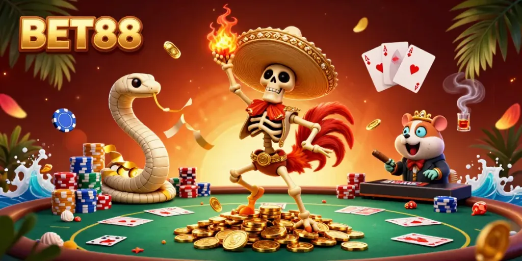 Experience vibrant victory at BET88 with a lively 3D casino celebration featuring colorful characters and rich game elements.