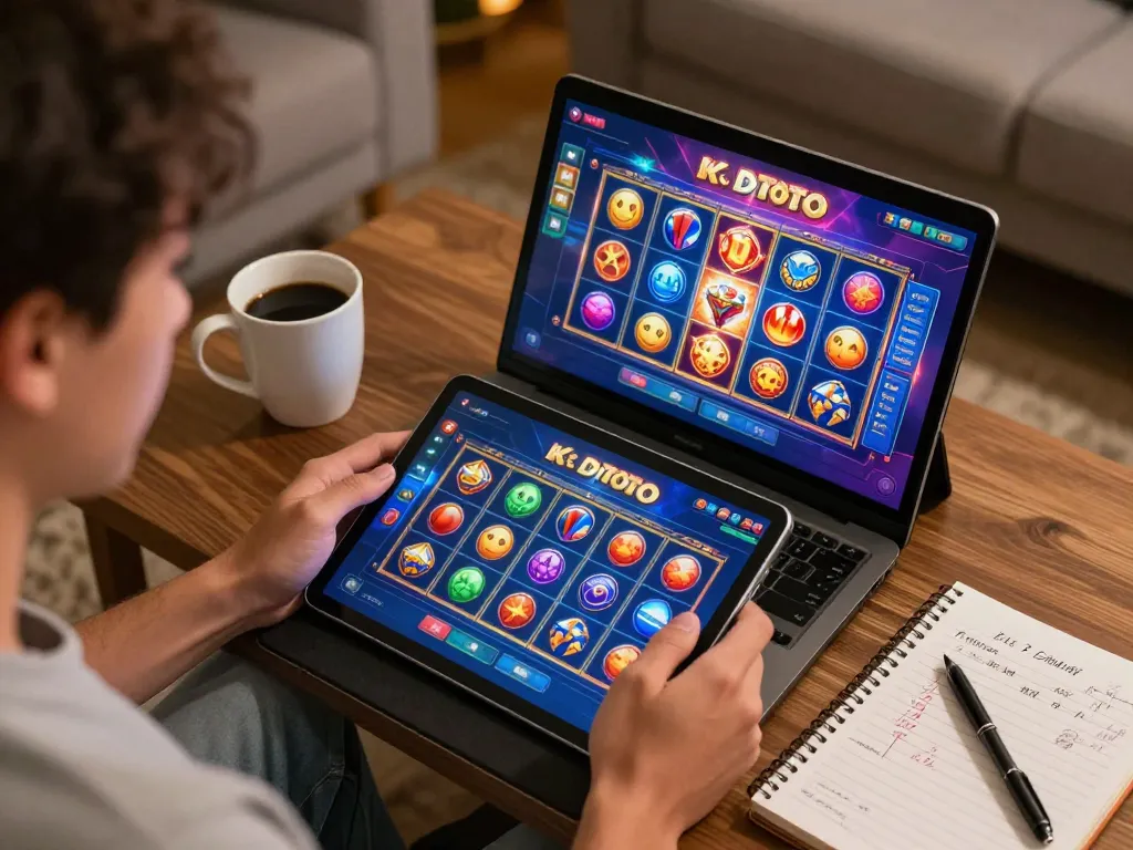 KDTOTO player engaging with exciting slots on tablet during a cozy online gaming session.