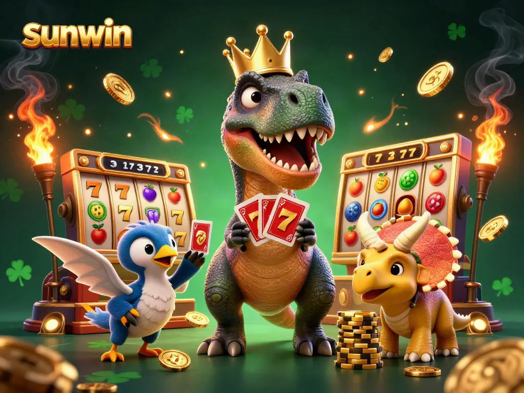 Experience sunwin with a vibrant casino scene featuring a T-Rex and friends spinning slot reels and stacking chips.