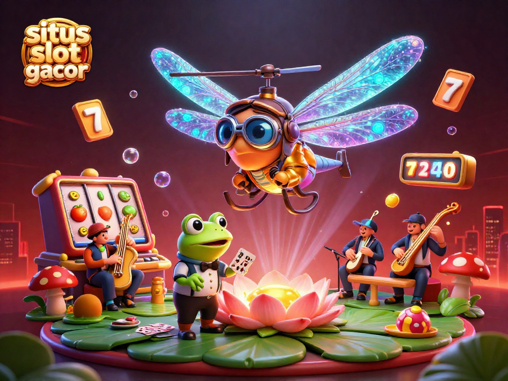 Situs slot gacor showcase featuring a vibrant 3D casino scene with lively characters and engaging gaming elements.