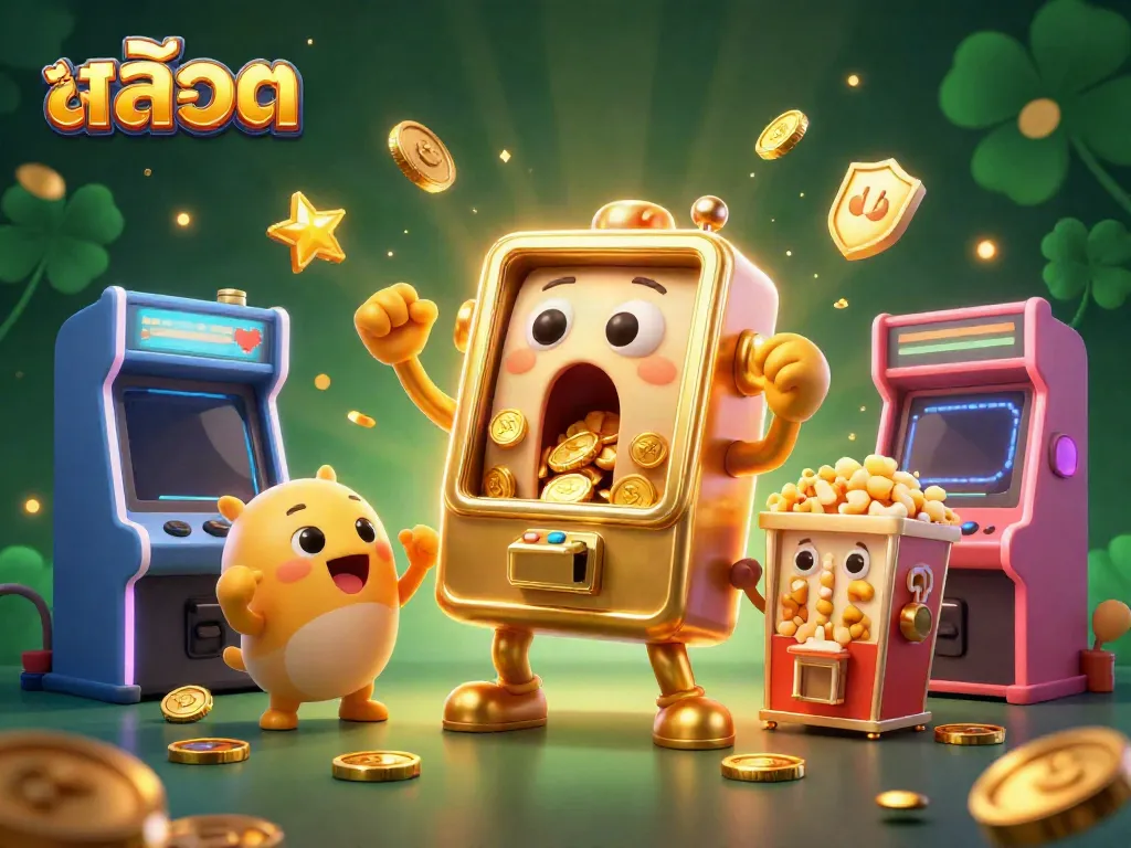Experience thrilling สล็อต gameplay with a golden slot machine celebrating a jackpot, coins overflow.