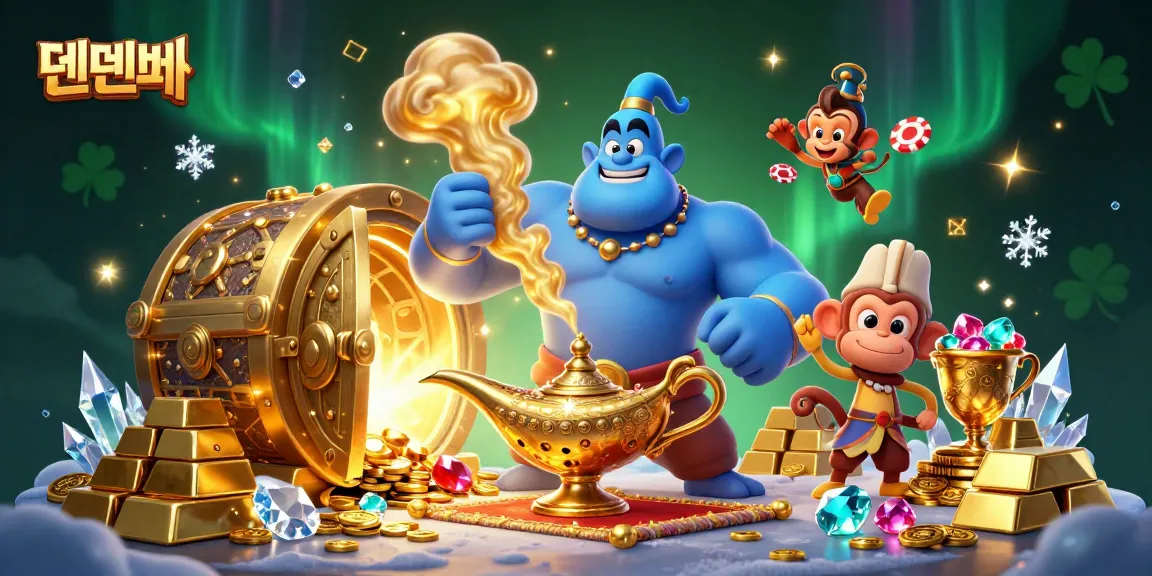 Experience exciting gameplay with 텐텐벳 as a muscular genie emerges, surrounded by poker chips and treasures