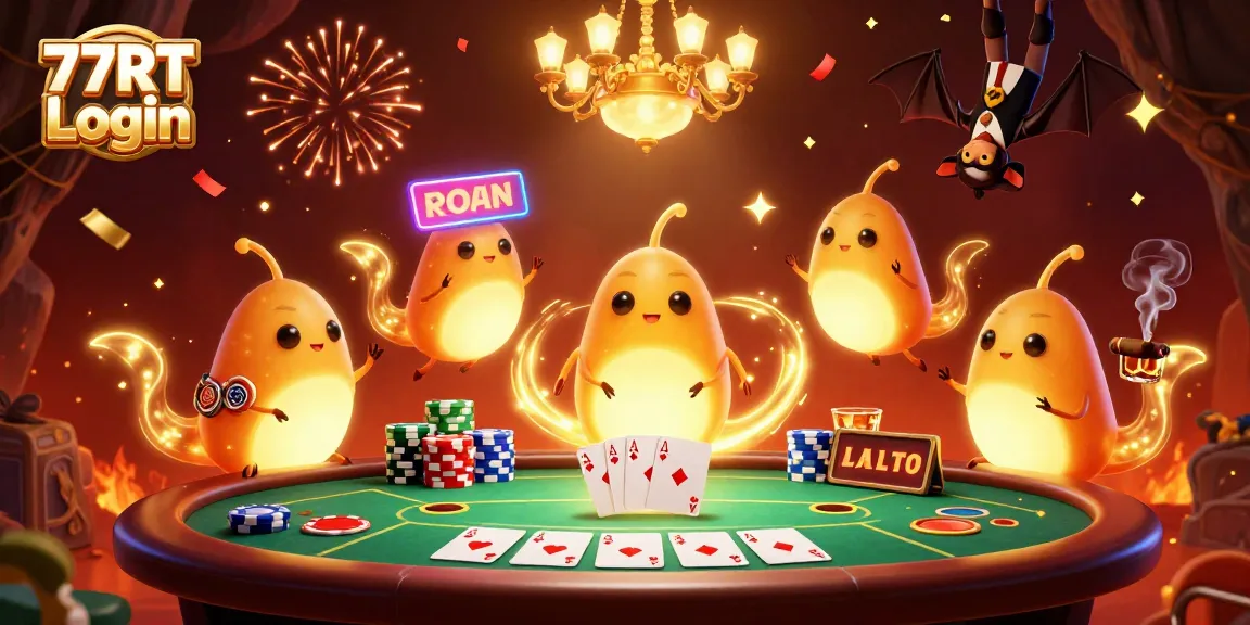Light up your game with 77RT Login: vibrant casino scene featuring poker elements and glowworms.
