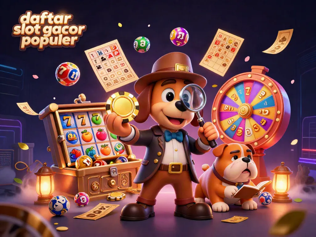 Gambar daftar slot gacor populer dengan detektif 3D dan simbol slot berwarna-warni.