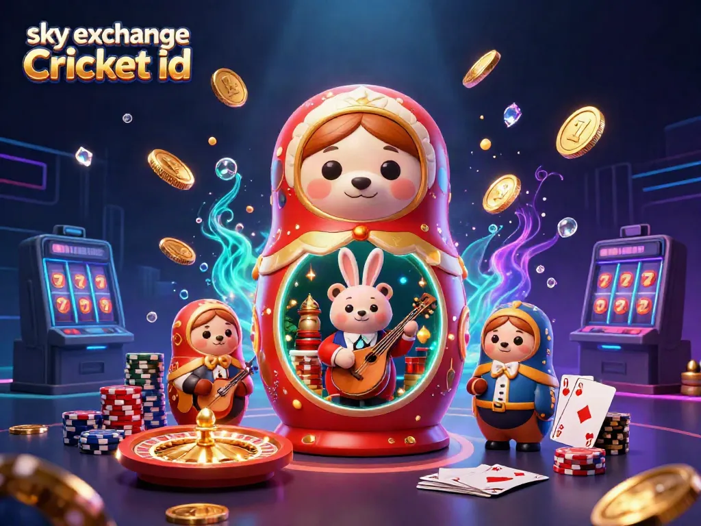 Engage with the dynamic world of sky exchange Cricket id in a vibrant casino scene with animated characters and casino games.