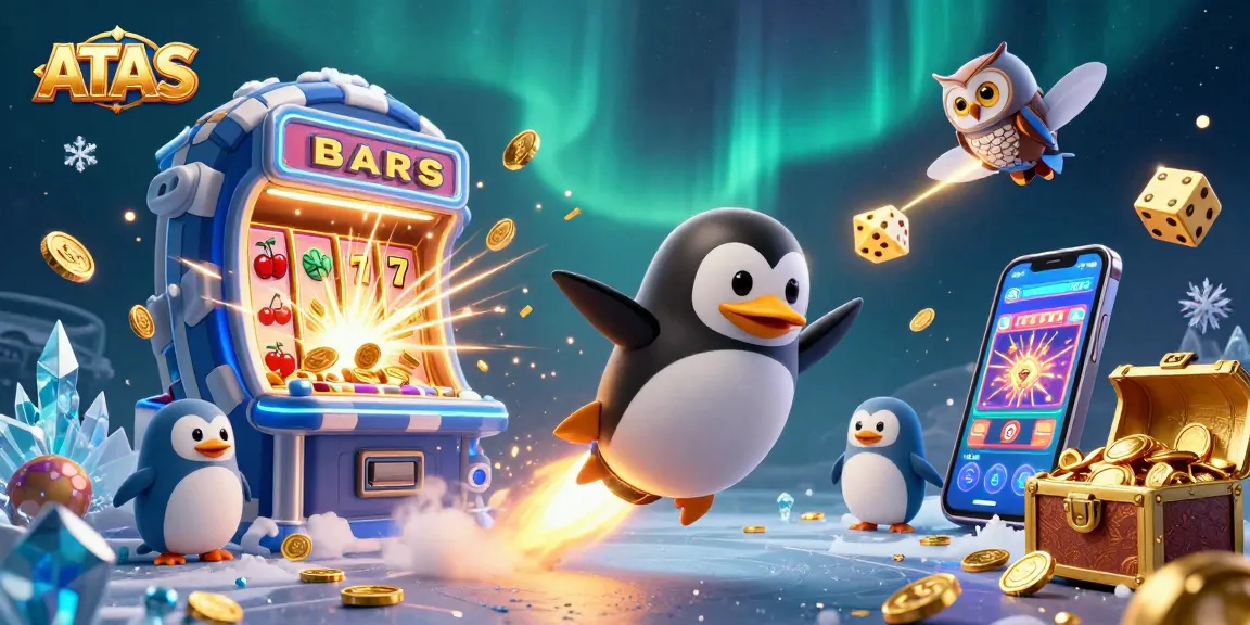 Engage in ATAS casino fun with golden penguins and jackpots bursting from slot machines.