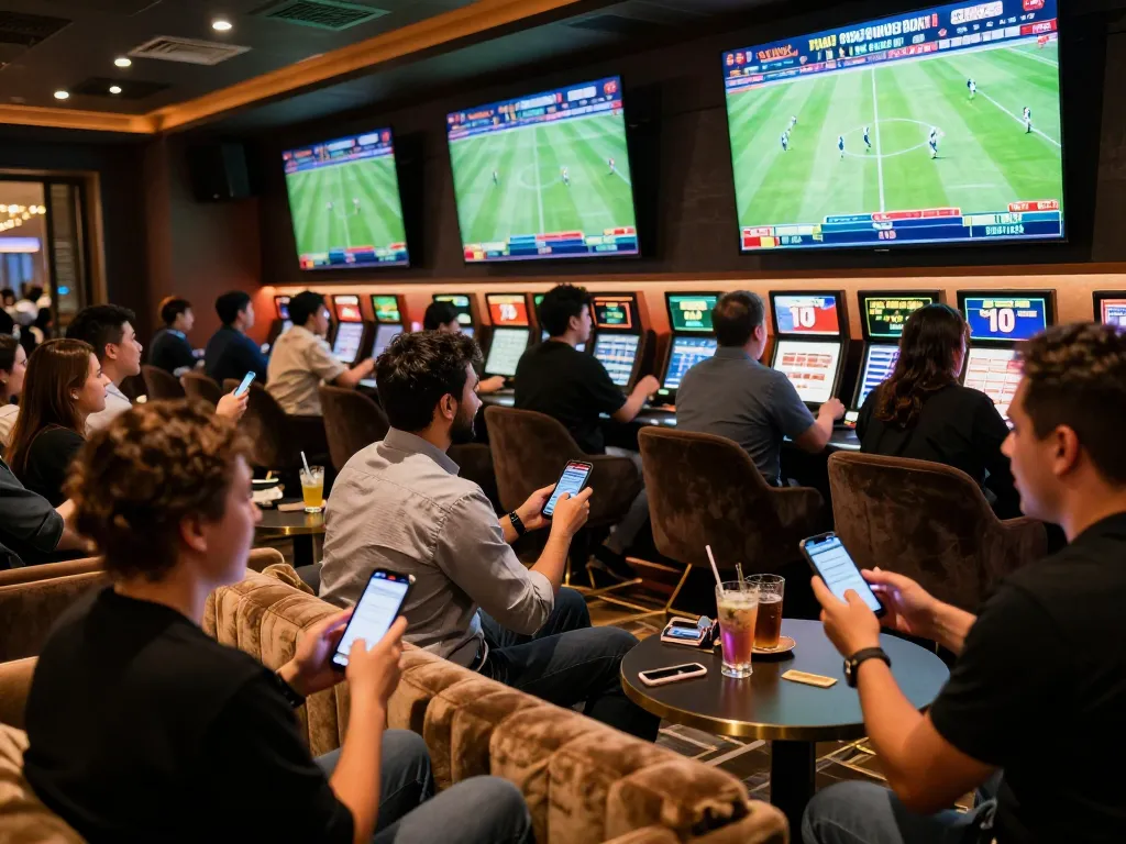 Exciting patrons placing bets at 789win's sports betting lounge