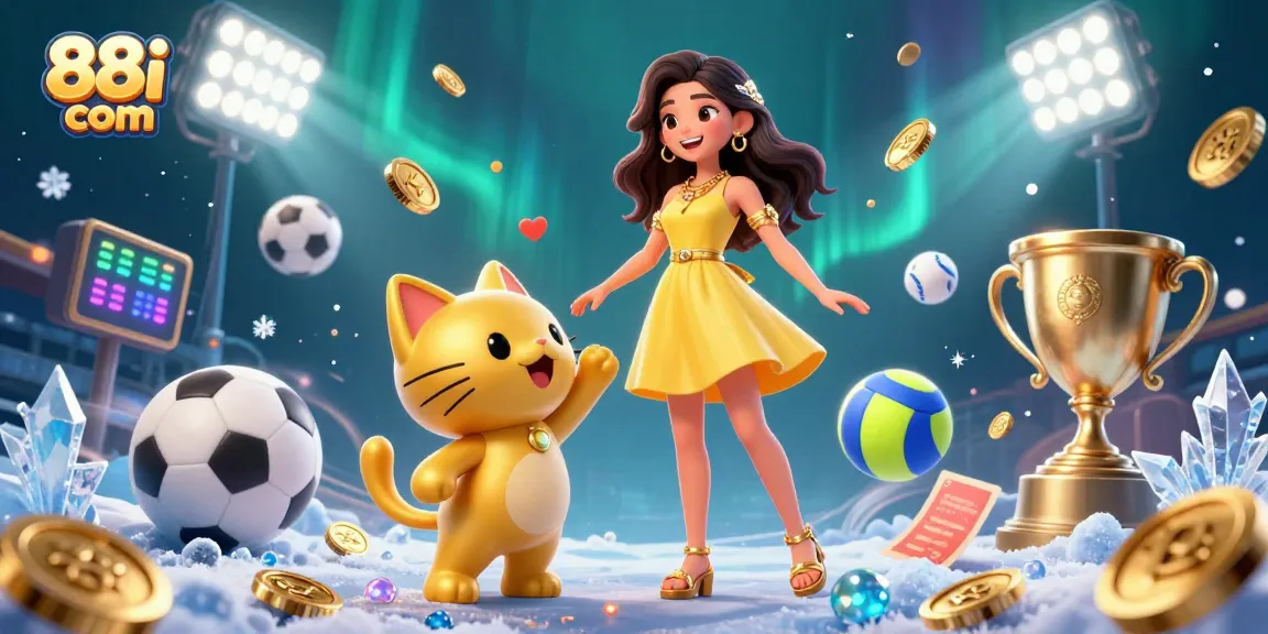 Bet on exciting games at 88i com with a cheerful Asian woman, golden lucky cat, and animated sports elements.