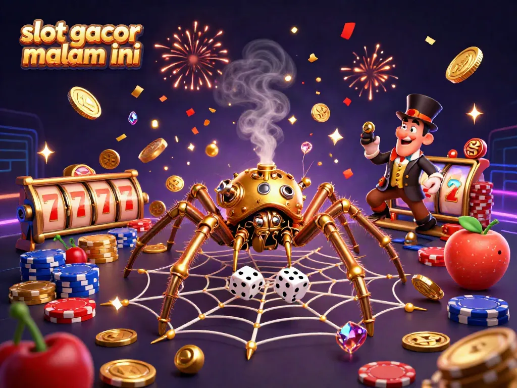Memenangkan slot gacor malam ini dengan karakter unik dan simbol hadiah di latar yang penuh warna.