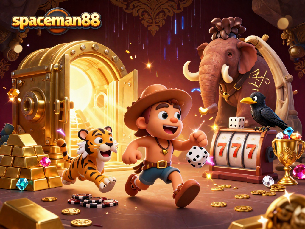 spaceman88 captivates the thrill of gaming at a casino with colorful treasures and characters