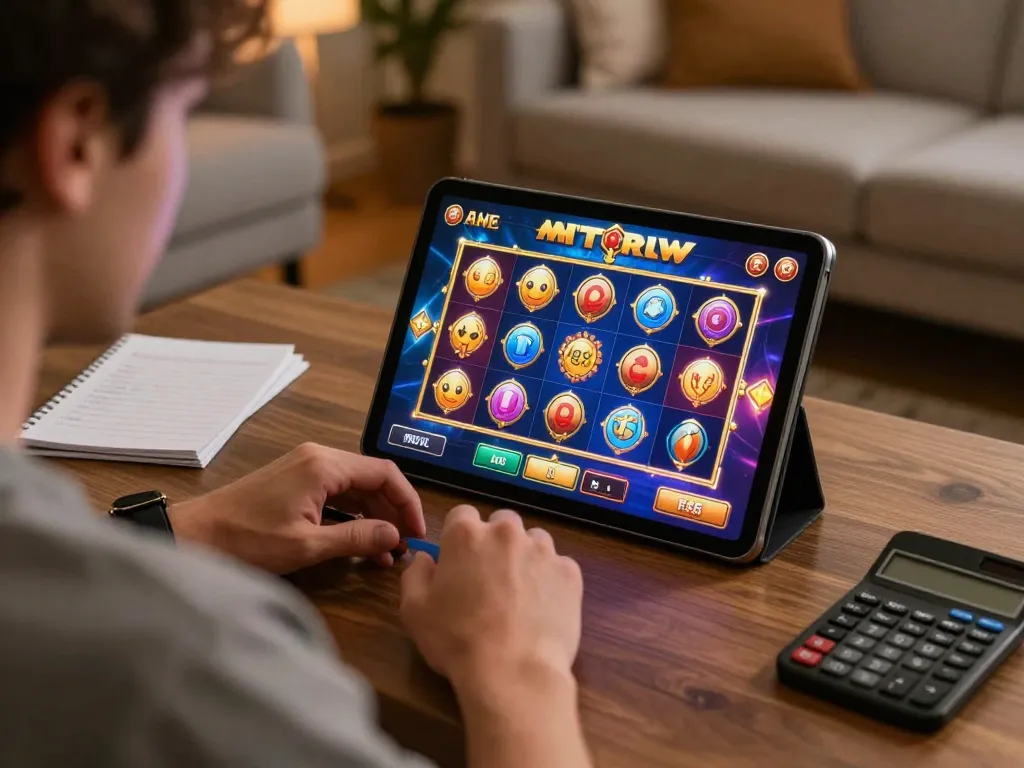 Engaged player enjoying iWin slot game on tablet with strategic notes nearby in cozy home.