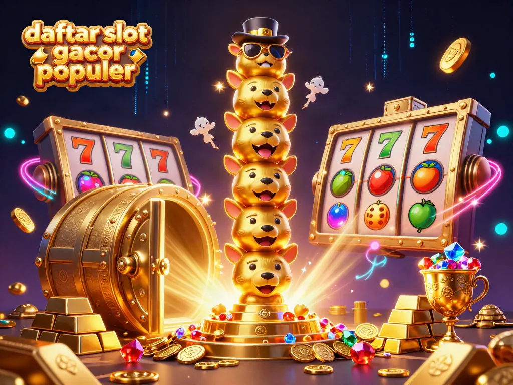 Gambarkan daftar slot gacor populer dengan elemen kasino yang kaya, termasuk simbol slot dan totem emas.