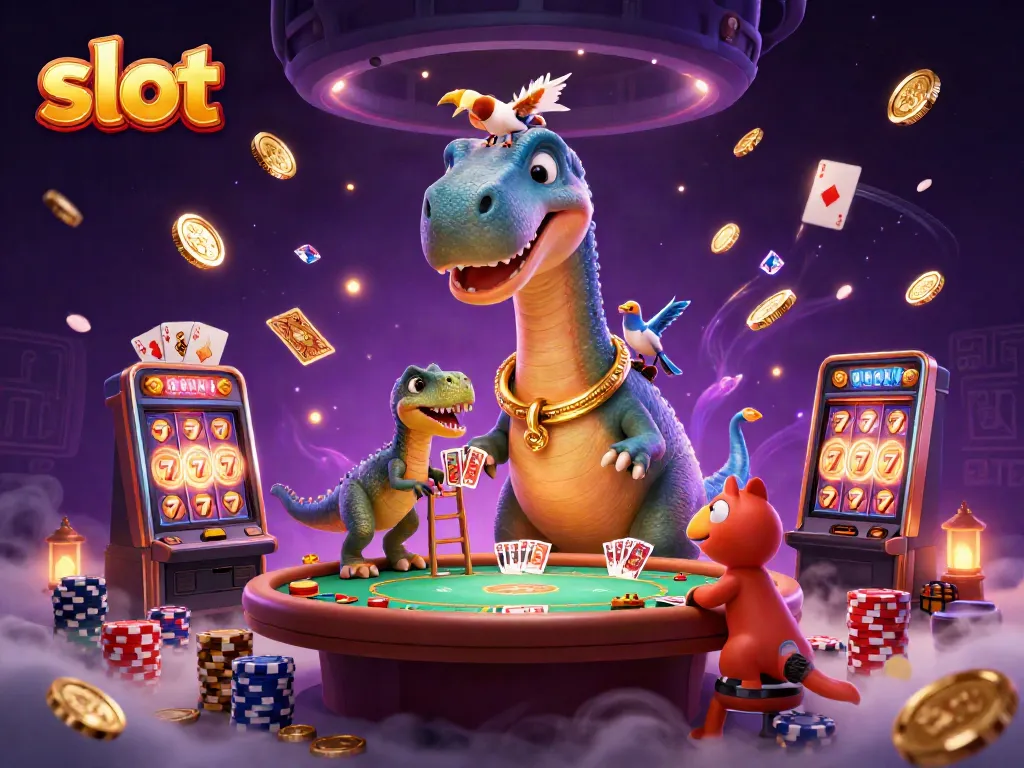 Slot mesin membawa keberuntungan dengan dinosaur dan koin berkilau di kasino.