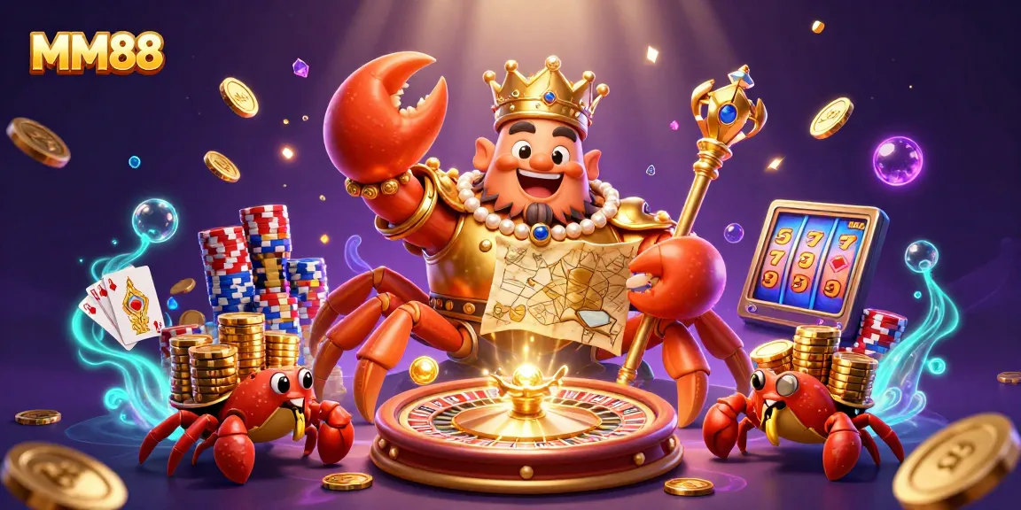 Join the adventure at MM88 with a golden crab emperor ruling the vibrant online casino.