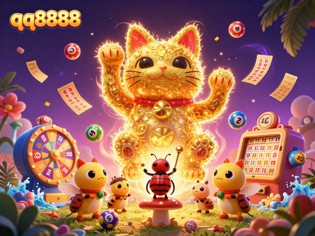 Engage with the thrilling world of qq8888, featuring a giant lucky cat surrounded by colorful casino elements and vibrant prizes.