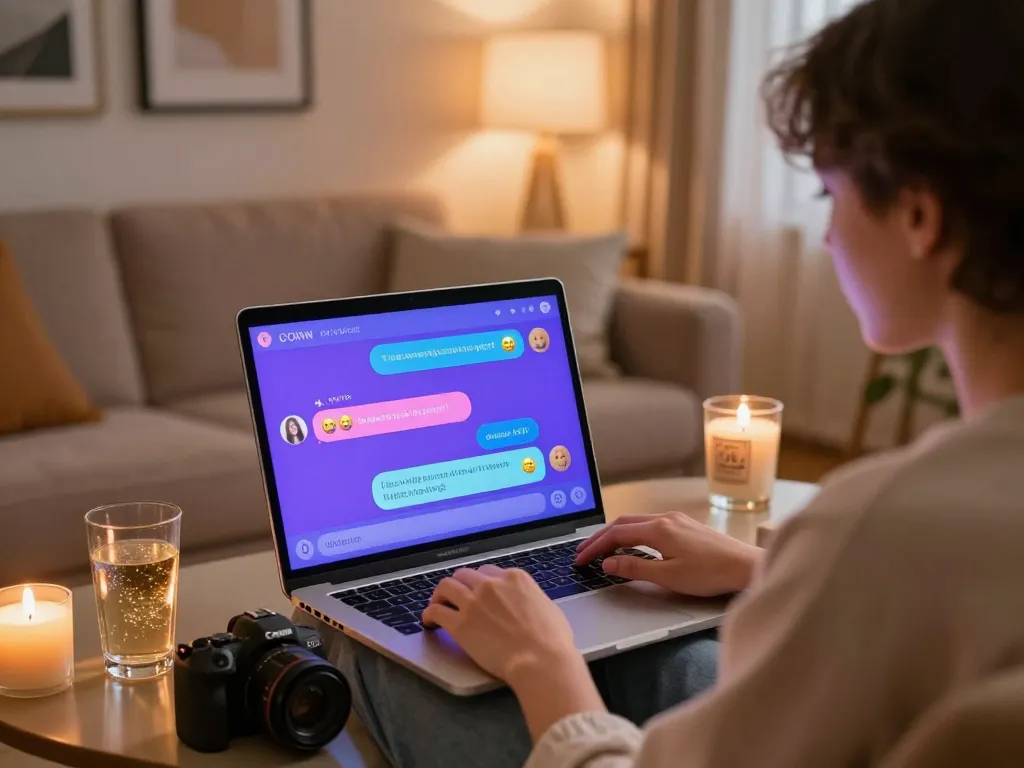 Engaging ai sex chat experience with a user in a cozy setting, showcasing colorful chat dialogue.
