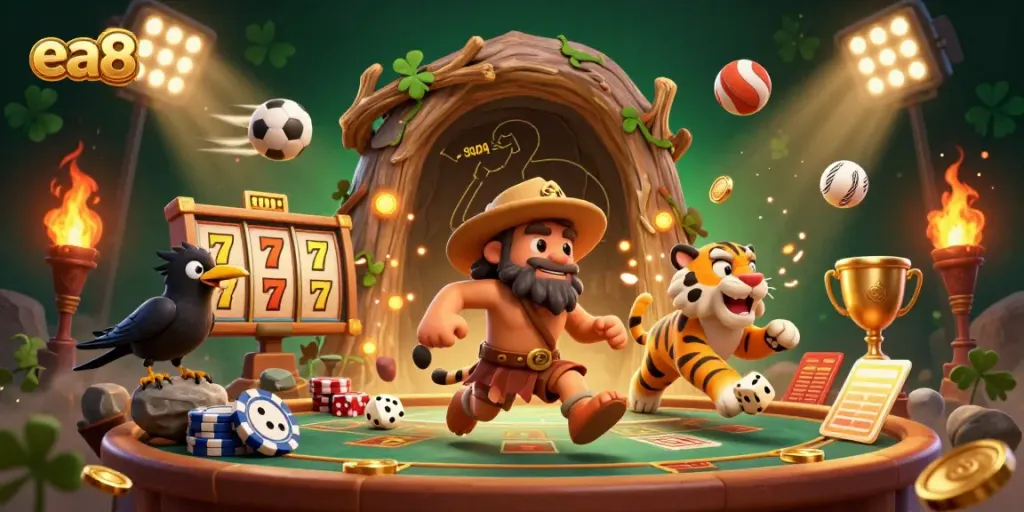Engage with the lively scene at ea88 featuring a caveman, sabertooth tiger, and crow in a prehistoric casino.