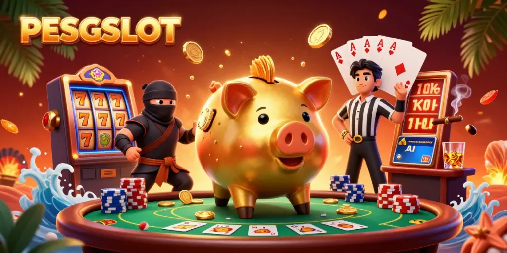 Menangkan PESGSLOT dengan karakter unik dalam ilustrasi kasino yang menawan dan penuh koin emas.