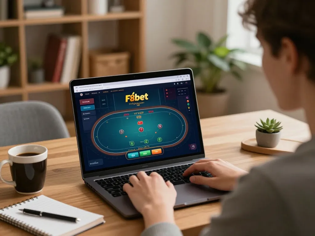 Player focusing on winning strategies in F8bet online poker game from home.