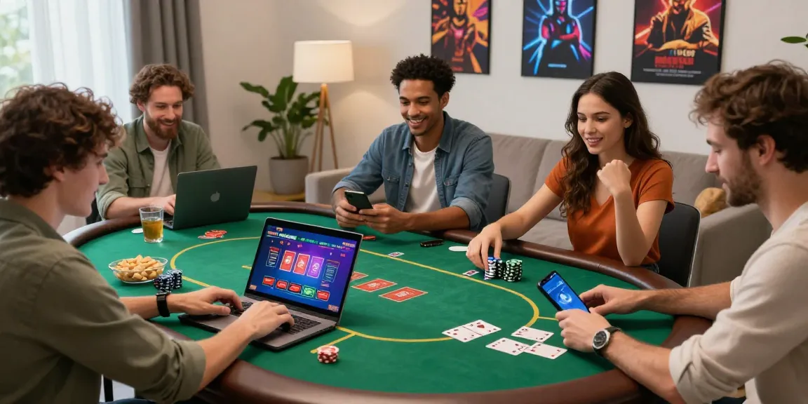 Friends enjoying poker on laptops at the best casinos for credit cards, showcasing a vibrant gaming atmosphere.