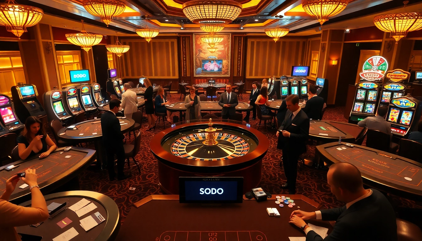 Experience the thrill of SODO casino action with players at roulette and vibrant slot machines.