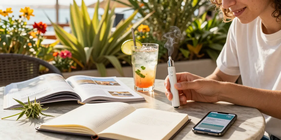 What is the legal vaping age in Cyprus, featuring natural vaping moments enjoying quality CBD vape products in a vibrant café.