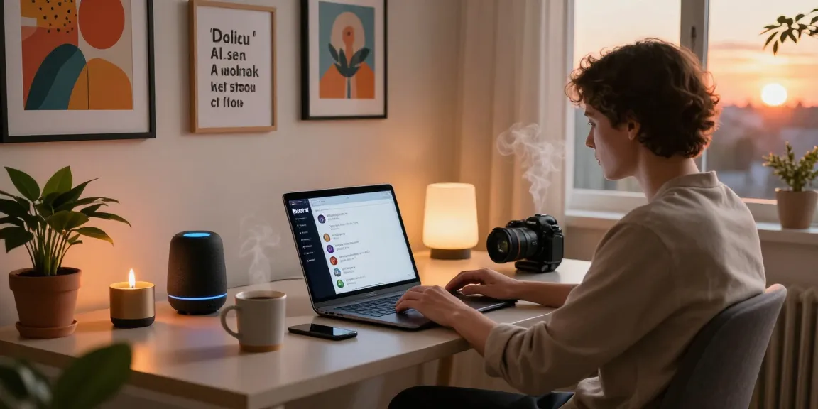 Engaging in an AI sex chat in a cozy modern workspace.