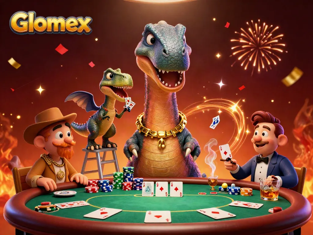 Engage in thrilling poker battles at Glomex with towers of chips and dynamic characters.