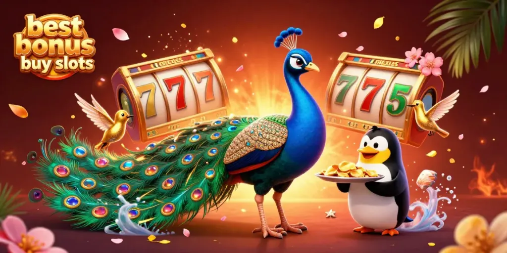Play the best bonus buy slots in a vibrant casino atmosphere with colorful characters.