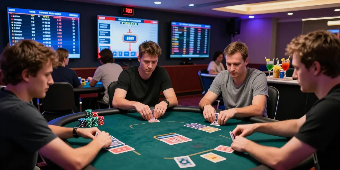 Permainan poker88 online dengan pemain fokus dalam suasana kompetitif dan lampu ambient yang menarik.