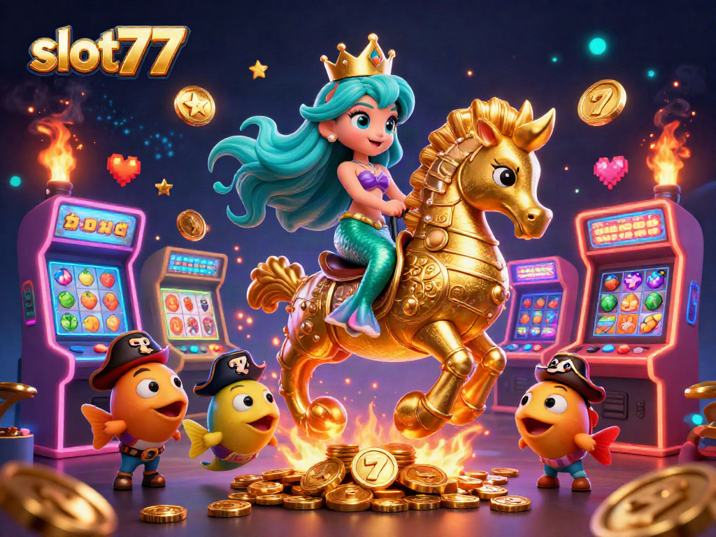 Spin to win with slot777 as the underwater mermaid rides a golden seahorse surrounded by colorful slot elements.