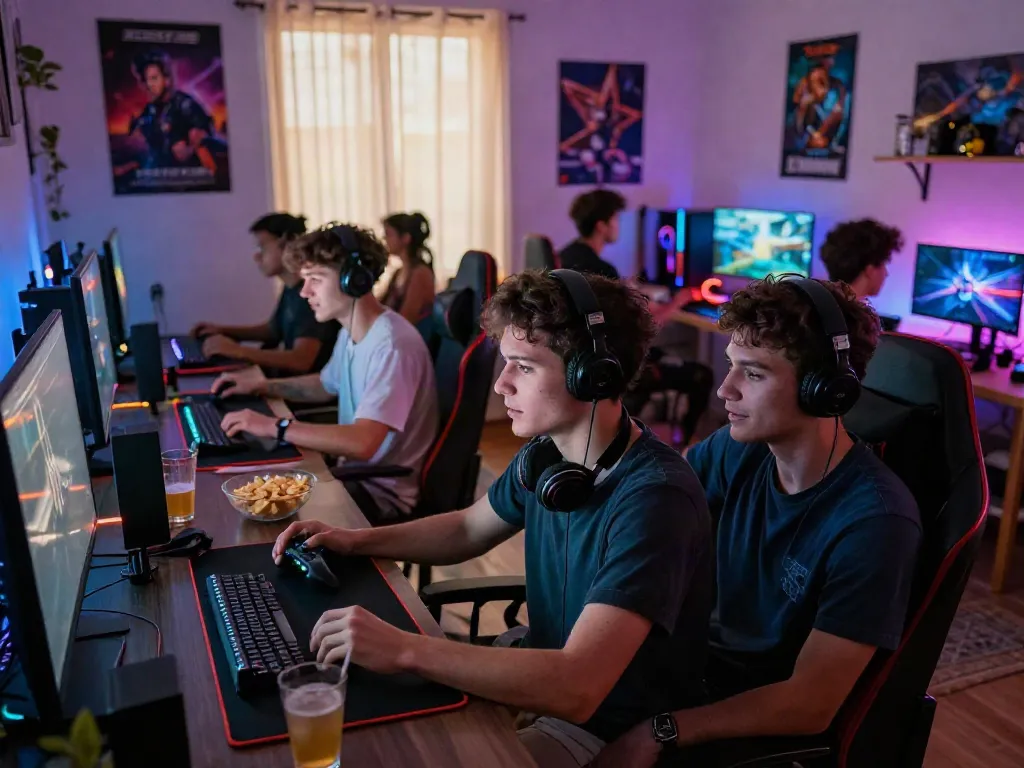 Friends immersed in online gaming at home, showcasing unsurtoto experience.
